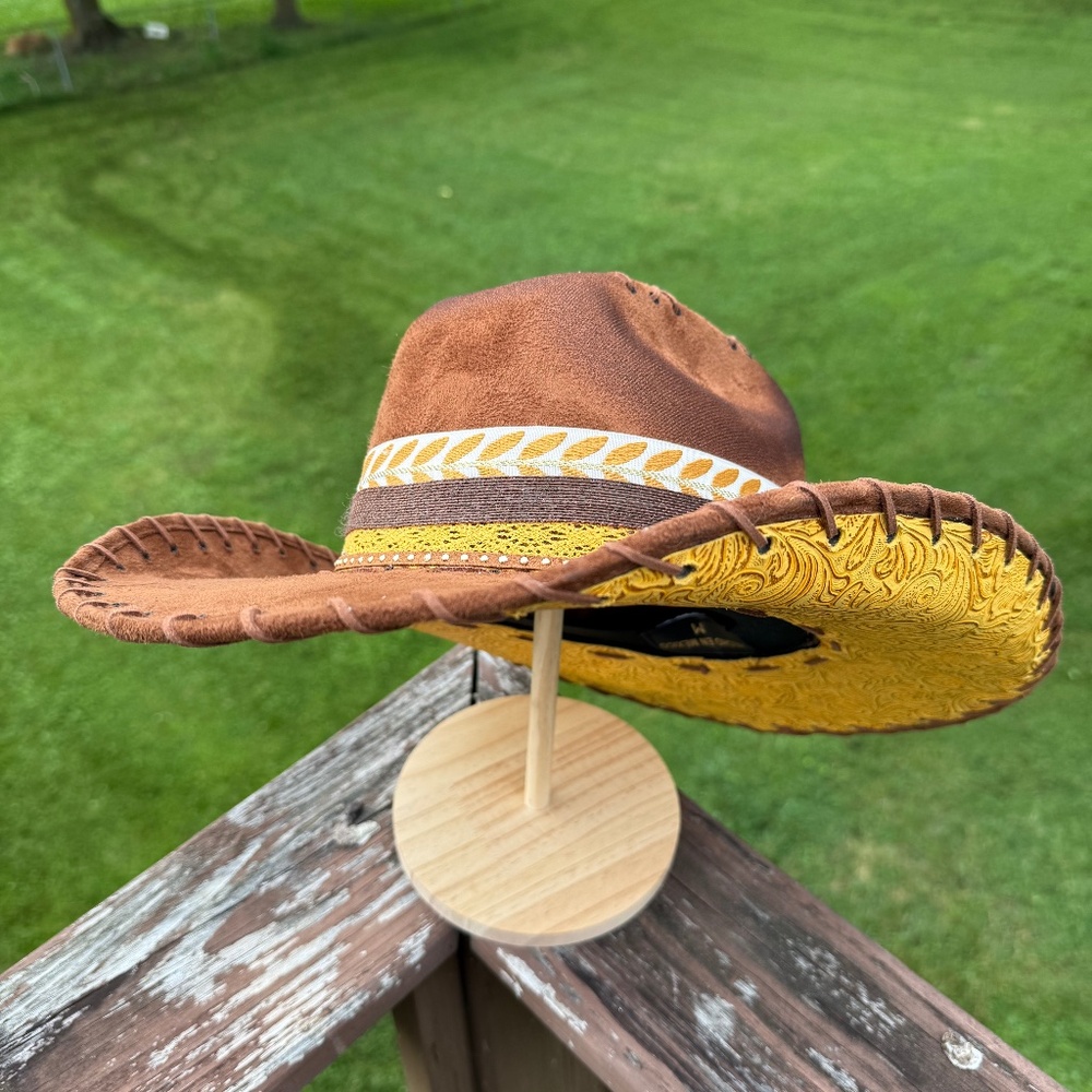 Yellow Tooled Leather, Whipstitched, Hand Burned Tan Suede Cowboy Hat,